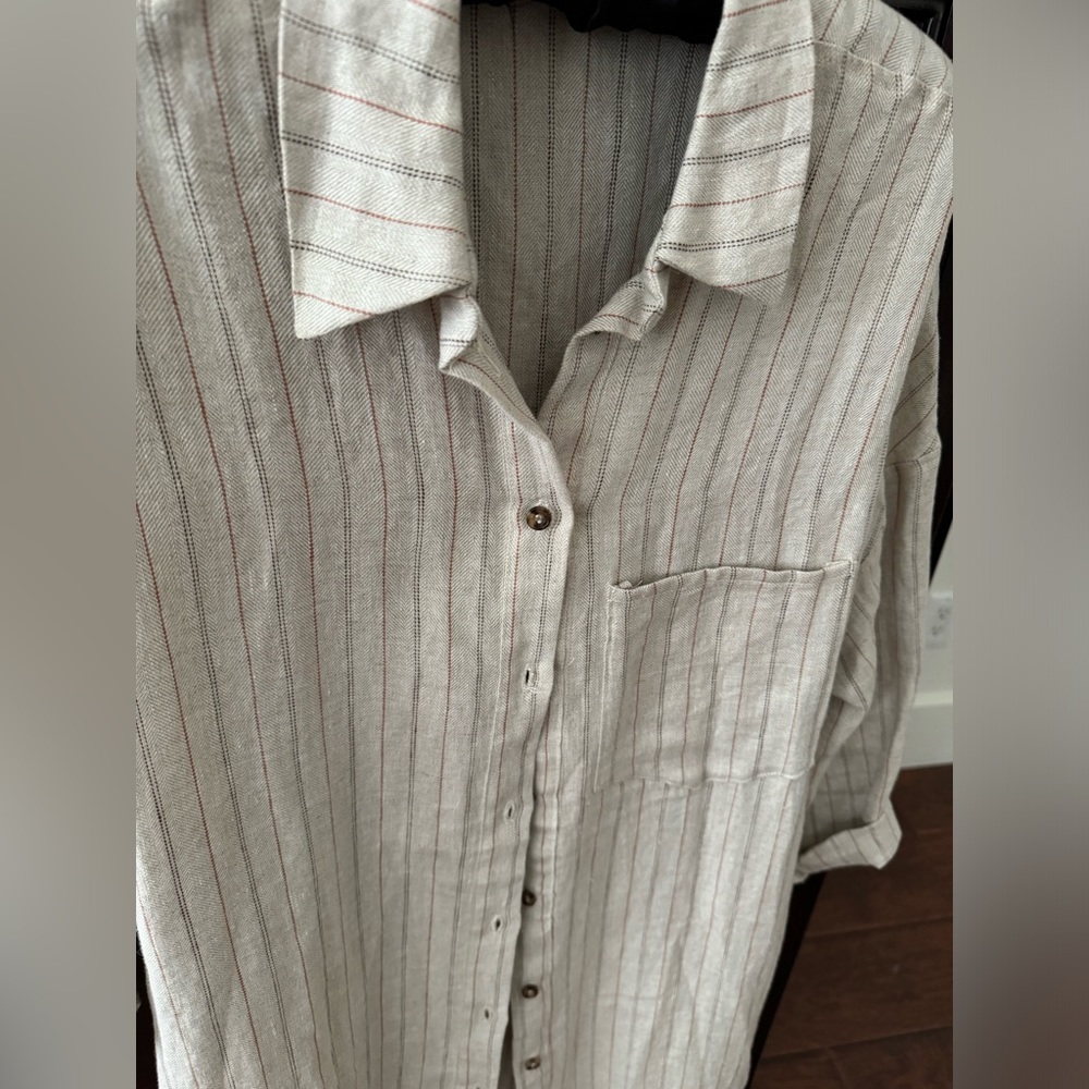 Rebecca King one-of-a-kind sample oatmeal linen stripe duster with pockets - Picture 5 of 15